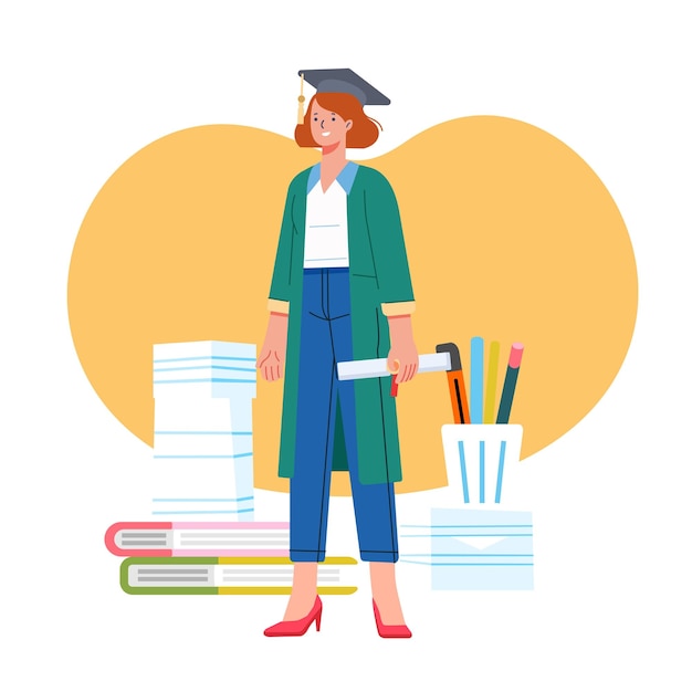 Girl graduate students standing on book and office stationery background Flat style vector illustration