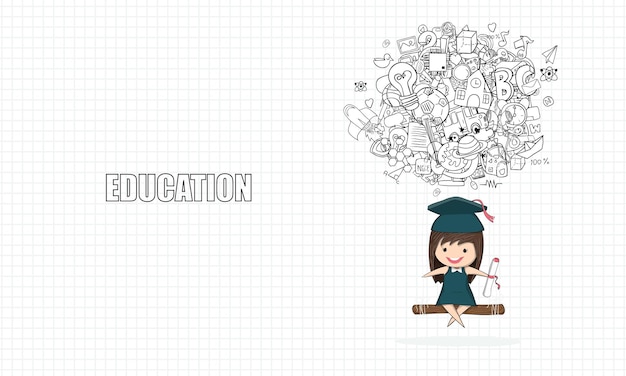 Girl graduated pupils swinging on a back of school drawing by hand vector