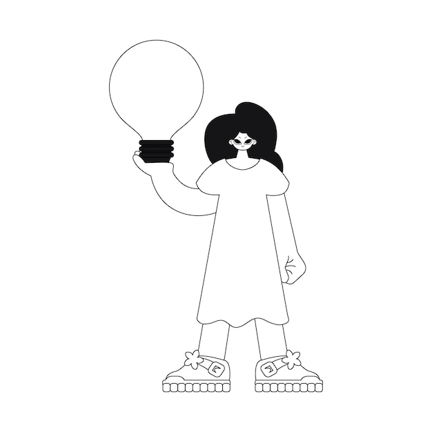 Girl grasps idea with lightbulb in hand. linear style vector illustration captures concept.