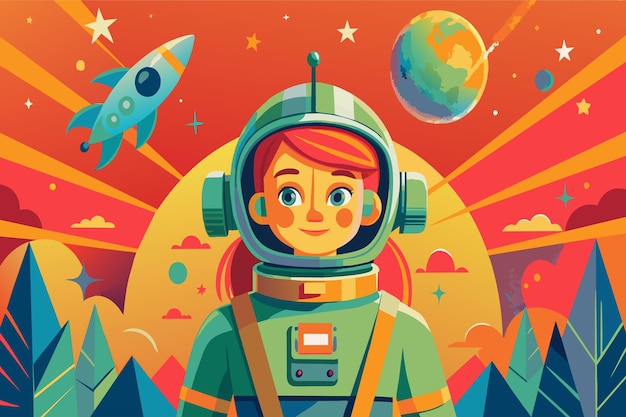 Vector a girl in a green spacesuit stands in front of a rocket and a planet