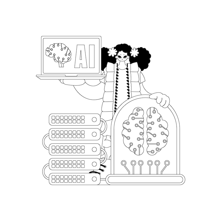 Vector girl gripping a machine learning model with linear vector art