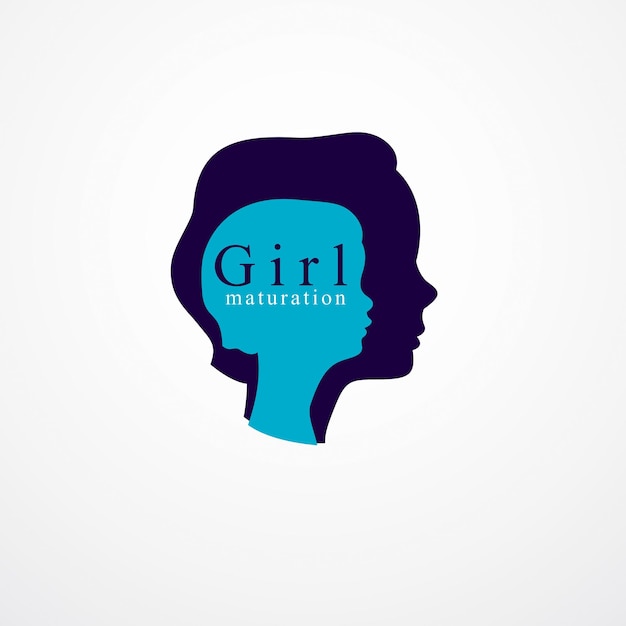 Girl growing to adult age years concept illustration, from child to teen and woman, period and cycle of life, getting old, maturation and aging. Vector simple classic icon or logo design.