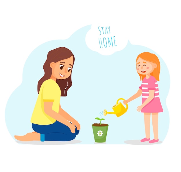 Girl grows and watering a potted plant with her mother