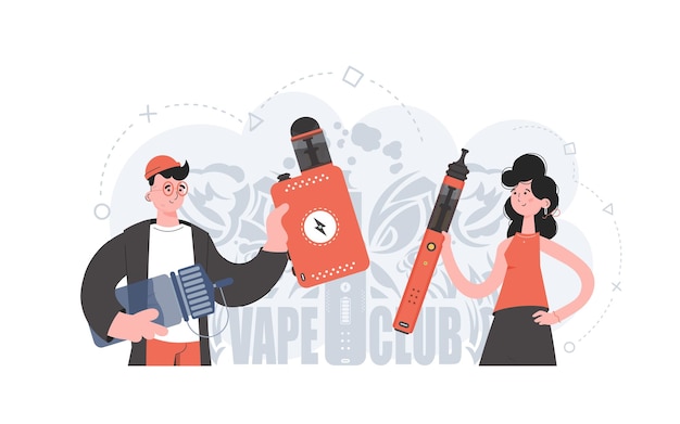 The girl and the guy are holding an electronic cigarette in their hands Flat style The concept of replacing cigarettes Vector illustration
