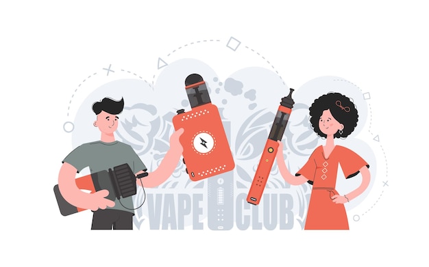 The girl and the guy are holding an electronic cigarette in their hands Flat style The concept of vapor and vape Vector illustration