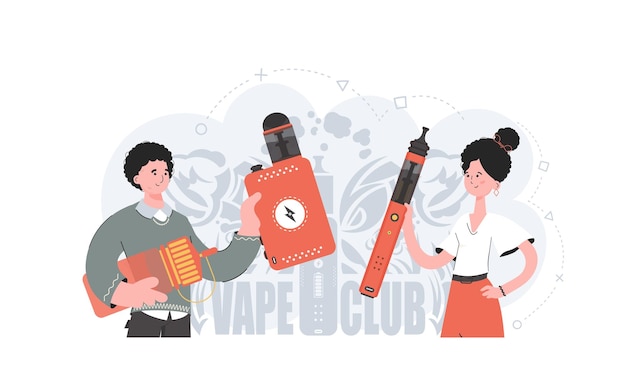 The girl and the guy are holding an electronic cigarette in their hands Trendy style with soft neutral colors The concept of vapor and vape Vector illustration