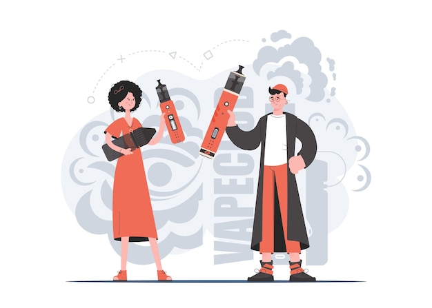 A girl and a guy are holding a vaping system in their hands Trendy style with soft neutral colors The concept of replacing cigarettes Vector illustration