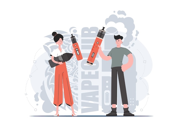 A girl and a guy are holding a vaping system in their hands Trendy style with soft neutral colors The concept of vapor and vape Vector illustration