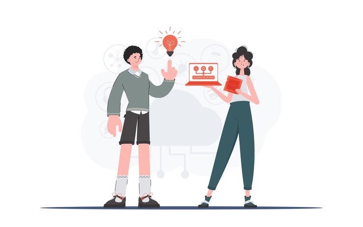 Vector the girl and the guy are a team in the field of internet of things internet of things concept good for websites and presentations trendy flat style vector