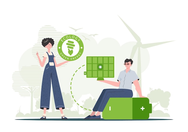 A girl and a guy and a solar panel Green energy concept Vector illustration