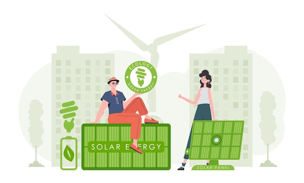 Girl and guy and solar panels green energy concept vector illustration