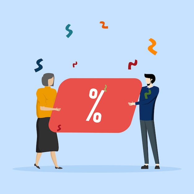 Girl and guy take a discount card. Discounts, holiday, benefit. Flat illustration Icons infographics