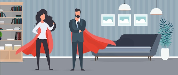 Girl and guy with a red raincoat. Woman and man superhero. The concept of a successful person, business or family. Vector.