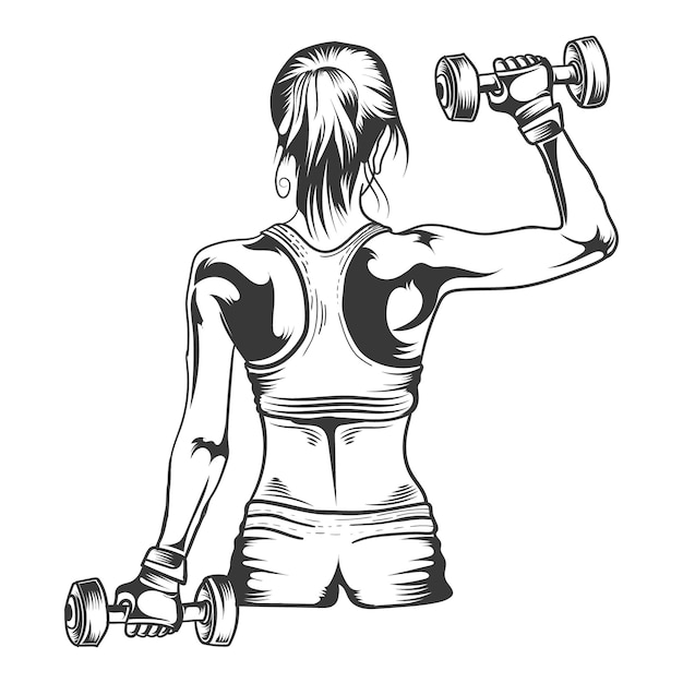 Vettore fitness per ragazze indietro e dumbbell con disegno vettoriale a mano