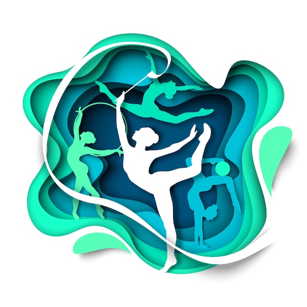 Девушка гимнастка силуэты танцует с мячом обруч ленты векторная иллюстрация в ритме стиля бумажного искусства ...