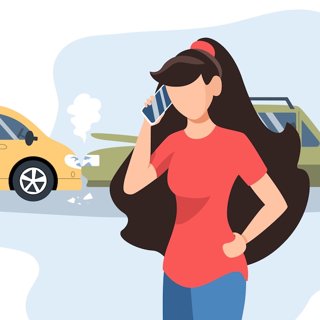 Vettore la ragazza ha avuto un incidente stradale. assicurazione automobilistica. ragazza che chiama dal telefono cellulare cellulare. illustrazione piatta.