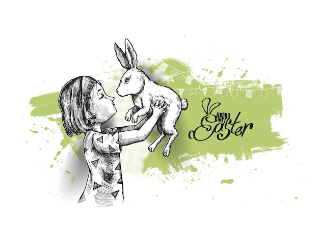 Girl hand holding easter bunny rabbit hand drawn sketch vector illustration