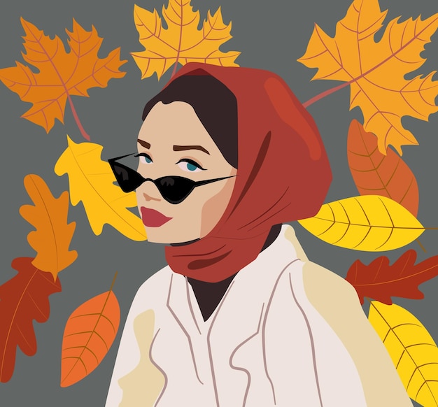 Vector the girl in a handkerchief against the background of autumn leaves. warm image for autumn