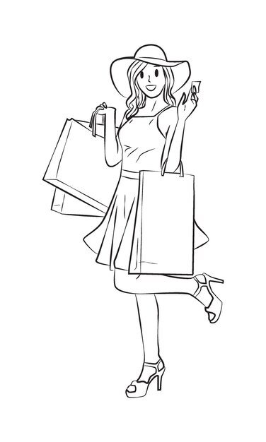 girl happy holding shopping bag line vector illustration