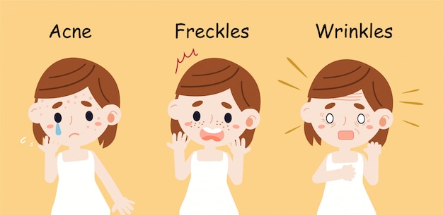 Vector the girl has skin problems about acne freckles and wrinkles