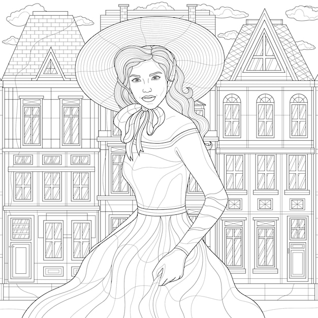 Ragazza con cappello e vestito in città. case europee. libro da colorare antistress per bambini e adulti. illustrazione isolato su sfondo bianco. stile zen-groviglio. disegno in bianco e nero.