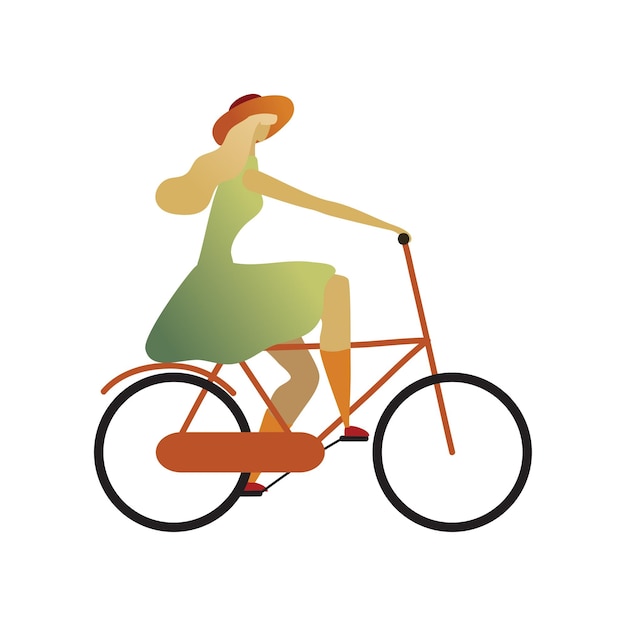 Девушка в шляпе и платье катается на векторной иллюстрации велосипеда