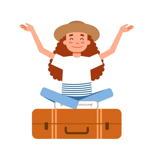 Vector a girl in a hat is sitting on a suitcase in the lotus position a person enjoys a vacation