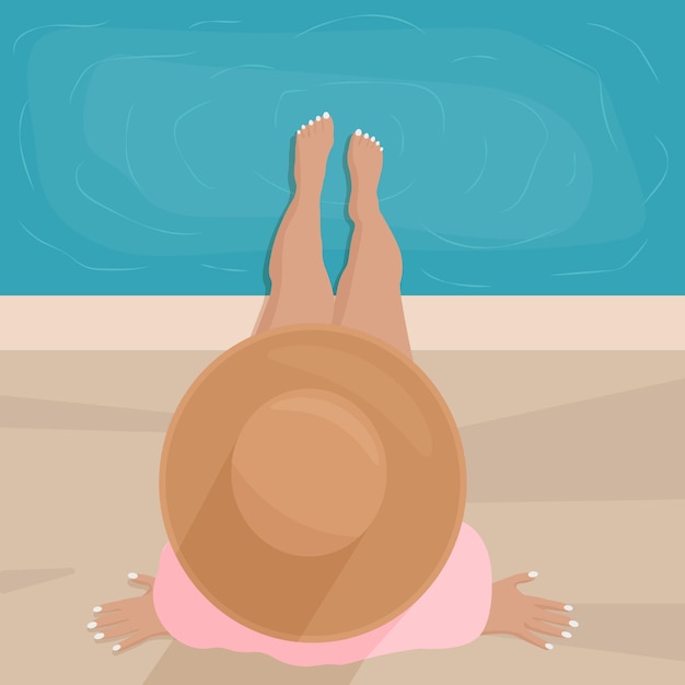 Vector girl in a hat sits on the edge of the pool