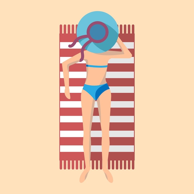 Vector a girl in a hat sunbathes on the beach