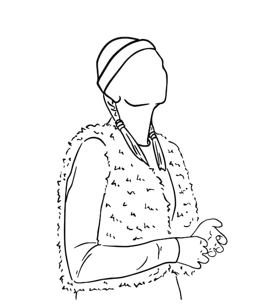 Vector girl in a hat with pigtails and a fur vest man doodle linear cartoon coloring book