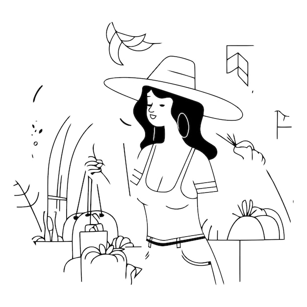 Girl in hat with shopping bags in flat style