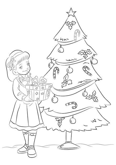 A girl having christmas present Christmas coloring page for kids