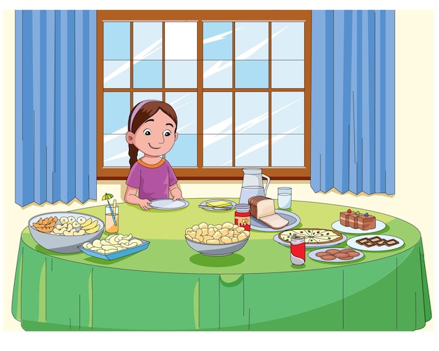 Girl having dinner vector illustration