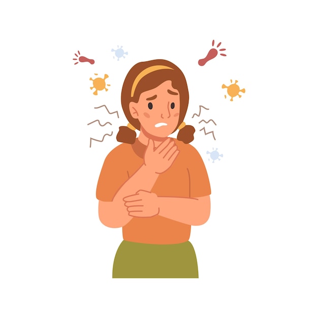 Girl having flu sore throat coughing child