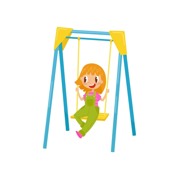 Girl having fun and ride on a swing kid on a playground vector illustration on a white background