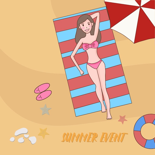 Girl having a sunbathing on the beach summer event