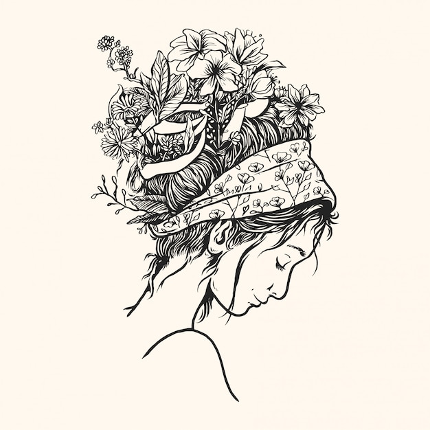 Girl head with floral hair, swirls, and flowers