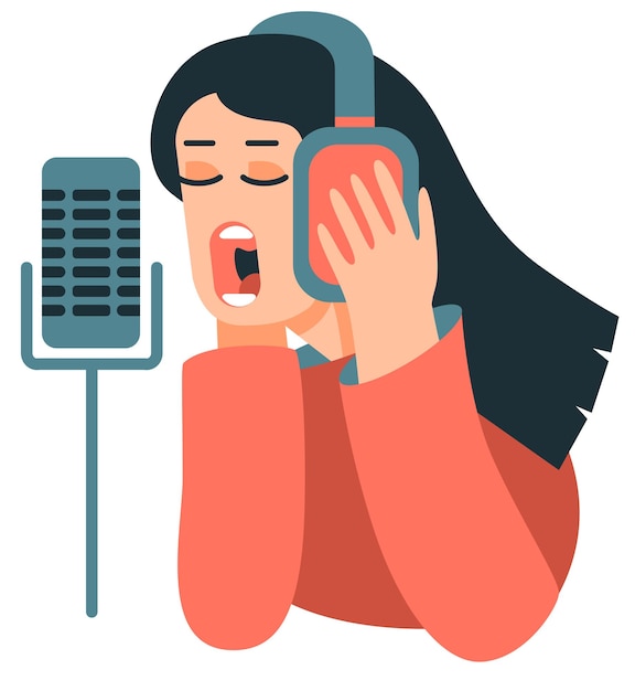 Ragazza in cuffia canta una canzone in un microfono su sfondo bianco concerto del club musicale karaoke bar