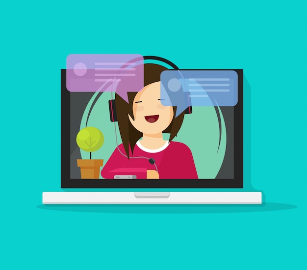 Girl in headset chatting or talking on internet on laptop computer vector flat cartoon