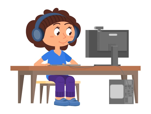 Vector girl in headset sitting at desk. cartoon character working on computer. vector illustration