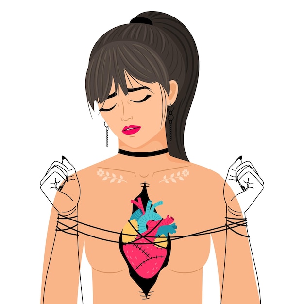 Vector girl heart pain concept. woman breast pain vector illustration, breakup lover lonely female, painful relationships knitted arms bad feelings lady with crying face