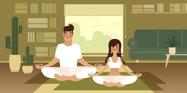 Vector a girl and her boyfriend take a yoga break while working from home.