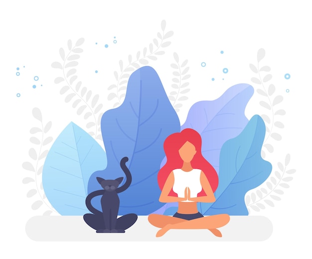 Vector girl and her cat staying calming easy yoga pose