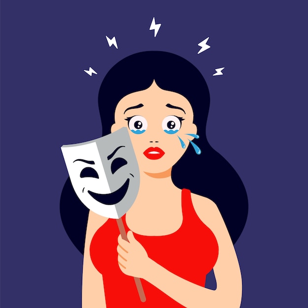 Vector the girl hides her tears behind a smiling mask. emotional crisis. flat character.