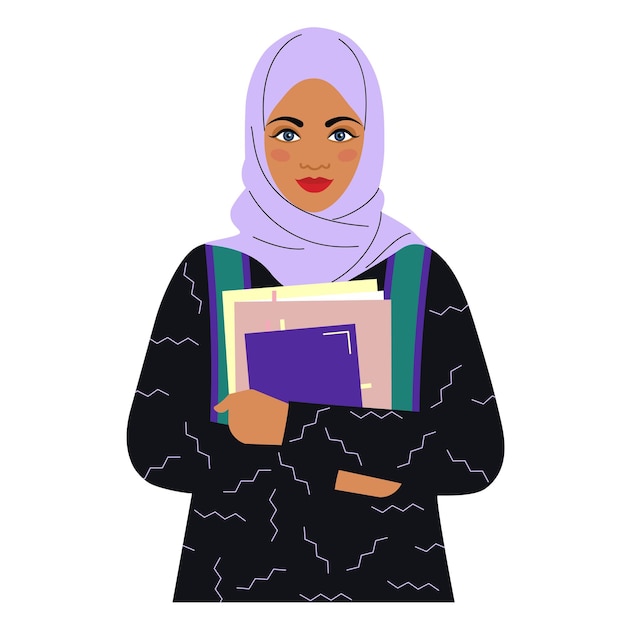 Girl in a hijab with books and textbooks