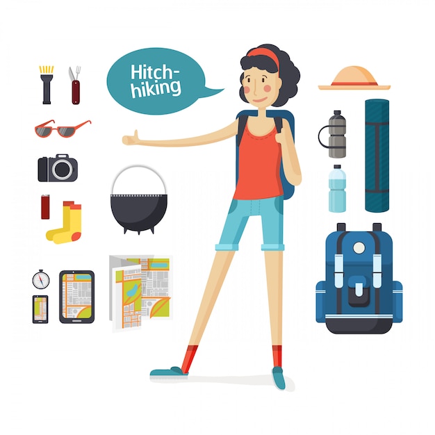 Girl hitch hiking. young woman hitchhiking deals, tourism, hiking, camping. set of camping equipment and tourism. girl with big backpack hiking and travel gear in a cartoon style flat.