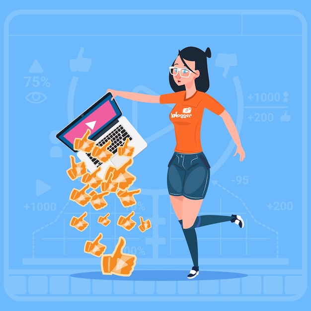 Vector girl hold laptop with thumb up