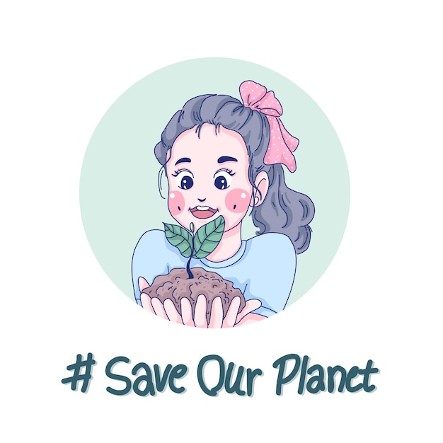 Girl hold plant cartoon illustration.