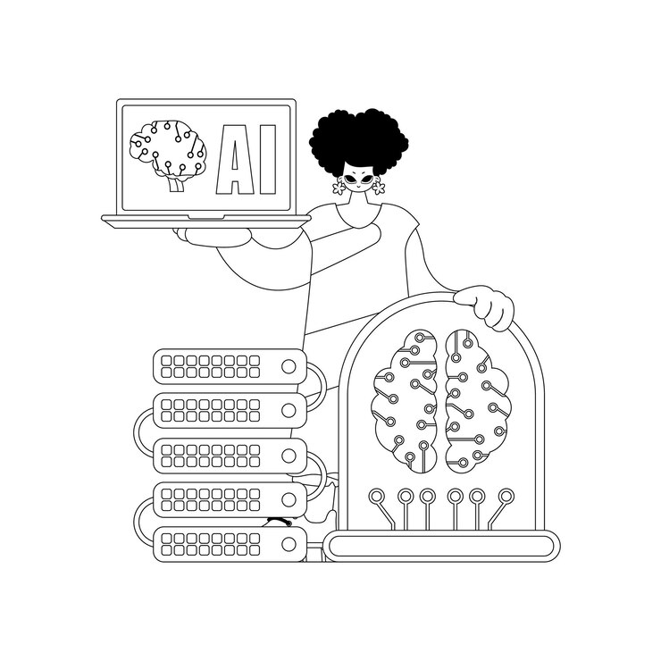 Vector girl holding ai model depicted in vector linear style