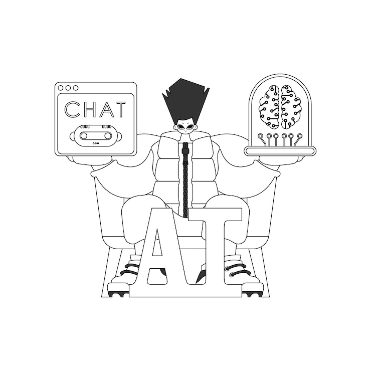 Vector girl holding ai model illustrated in a linear vector style